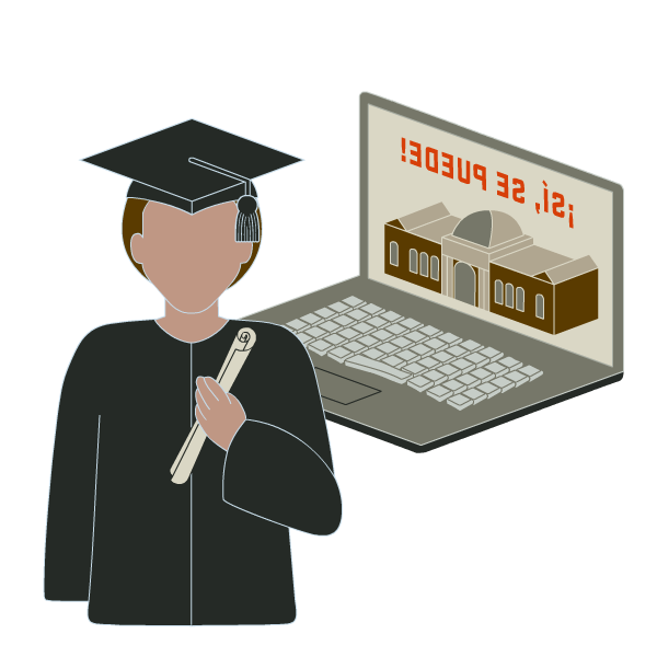 一个穿着毕业服、拿着毕业证书的人站在一台写着“Sí， Se Puede”的笔记本电脑旁! on the screen